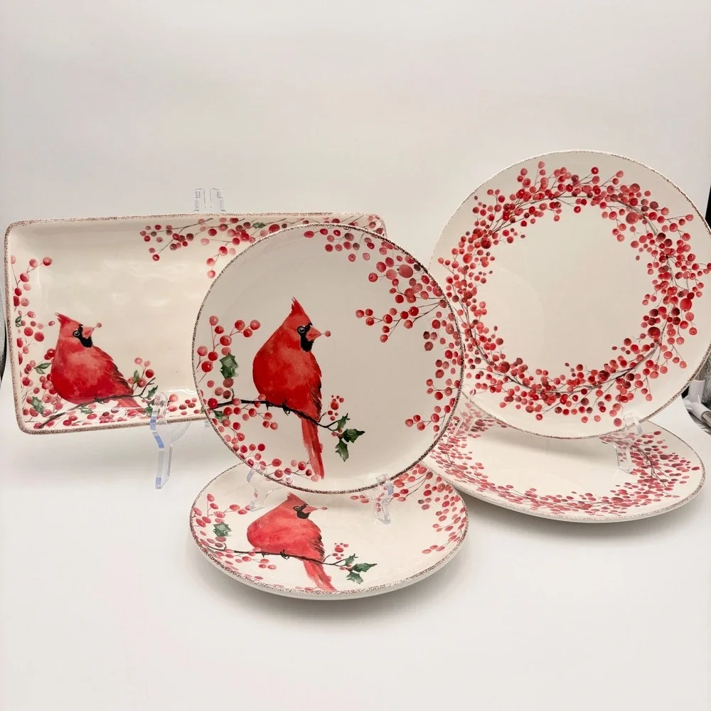 Potters Studio Cardinal Berry Holiday Serving Platter Dinner Plates Christmas